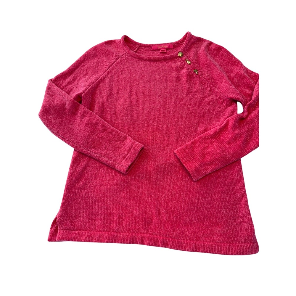Lilly Pulitzer Pink Chenille Sweater Gold Button Shoulder Detail Small 007008